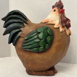 Folk Art Rooster Chicken Resin Wood Carved Look Farm House Colorful 10" Tall